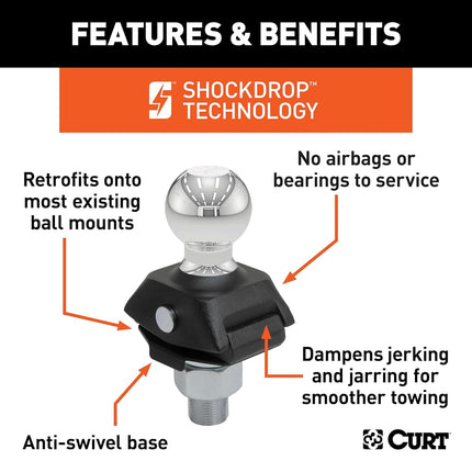 CURT 40247 RockerBall Cushion Hitch Trailer Ball 7,500 lbs, 2 Diameter, 1-Inch Shank, Packaged