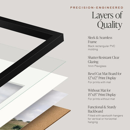 Americanflat 15x15 Picture Frame with Polished Plexiglass - Use as 12x12 Frame with Mat or 15x15 Frame Without Mat - Streamline Collection - Thin Square Picture Frame for Wall Display - Black