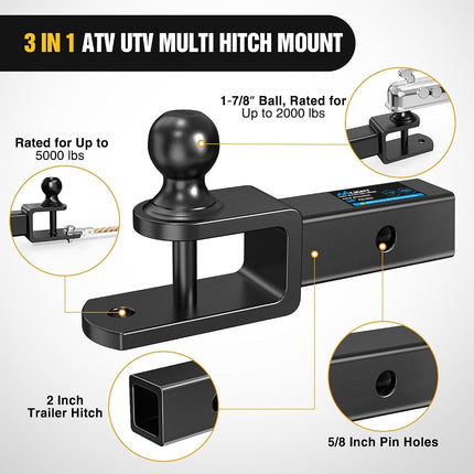 Nilight 3 in 1 ATV UTV Multi Hitch Mount with 2 Inch Receiver 1-7/8 inch Ball Hitch Rated 2000 LBS Winch Strap Loop Rated 5000 LBS
