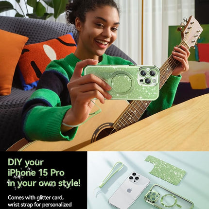 Meifigno Candy Mag Series Case Designed for iPhone 15 Pro, [Compatible with MagSafe] [Glitter Card & Wrist Strap] Full Camera Lens Protection Designed for iPhone 15 Pro Case Women Girls, Grass Green