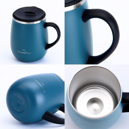 GrandTies Insulated Coffee Mug with Handle - Sliding Lid for Splash-Proof 16 oz Wine-Glass Shape Thermal Tumbler with Double Walled Vacuum Stainless Steel to Keeps Beverages Hot or Cold (Cobalt Blue)