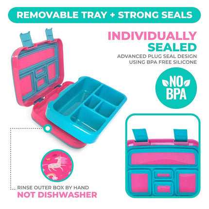 Unicorn Bento Lunch Box for Girls Toddlers, 5 Portion Control Sections, BPA Free Removable Plastic Tray, Pre-School Kid Toddler Daycare Lunches, Cute Snack Container Ages 3 to 7 Pink…