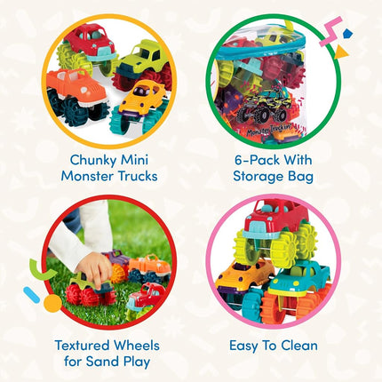 Battat Mini Monster Trucks, 6 Toy Trucks with Storage Bag, Vehicles