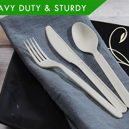 GreenWorks 100% Compostable CPLA 7" Large Disposable Cutlery Set,150 Ct(50 Forks,50 Spoons,50 Knives) Heavyweight Bio-Based Utensils Silverware Cutlery Combo
