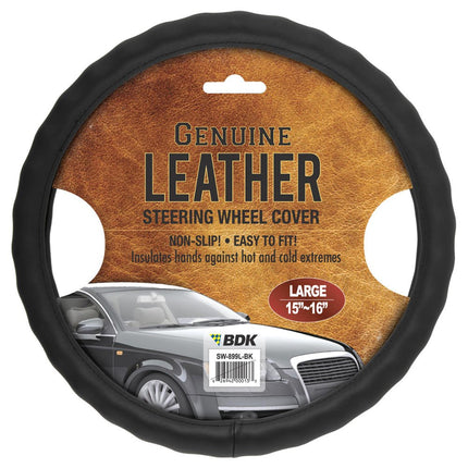 BDK SW-899-LK Black Leather Car Steering Wheel Cover Large Size 15.5 to 16 inch, Easy Installation