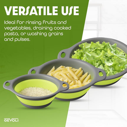Gevoli Collapsible Colanders (3 Pack Set) Food Strainers with Over-Sink Water Draining Base for Pasta Fruits and Vegetables, White/Beige (3 Sizes, 3QT, 4QT and 5 Quart)