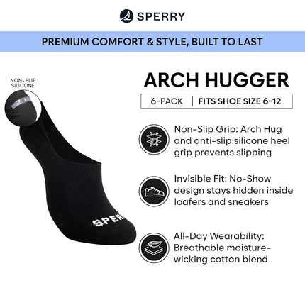 Sperry Men's 6 Pack Arch Hugger No Show Socks, Non-Slip Loafer Socks for Boat Shoes, Low Cut Invisible Liner with Heel Grip, beige, 6-12