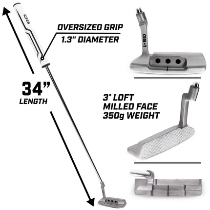 GoSports GS1 Tour Golf Putter - 34 Inch Right-Handed Blade Putter with Oversized Fat Grip and Milled Face