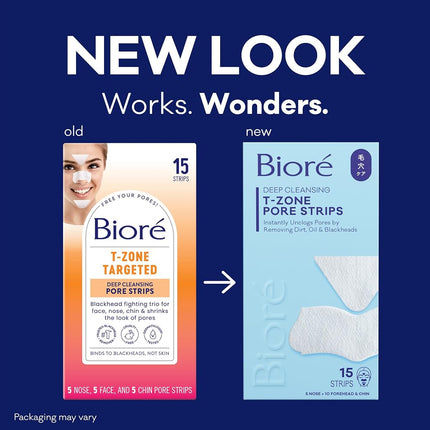 Bioré T-Zone Blackhead Remover Deep Cleansing Pore Strips, (5 Nose + 5 Face + 5 Chin Pore Strips), Blackhead Pore Strips For The T-Zone Area, 15 Count