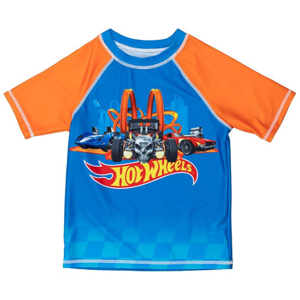 Hot Wheels Little Boys Raglan Pullover Swim Rash Guard Swim Trunks Blue 7-8