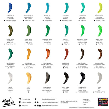 MONT MARTE Acrylic Paint Set, 48 x 36ml, Semi-Matte Finish, 48 Colours, Suitable for Canvas, Wood, MDF, Leather, Air-Dried Clay, Plaster, Cardboard, Paper and Crafts