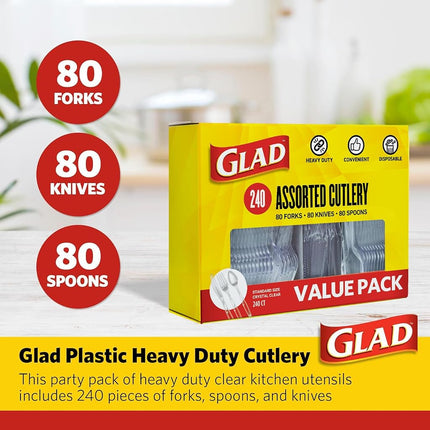 Glad Clear Disposable Cutlery Set, Forks Knives and Spoons, 240 Count