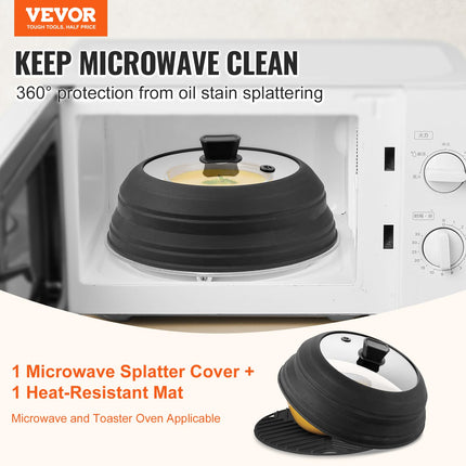 Cubierta y alfombrilla antisalpicaduras para microondas VEVOR, tapa de microondas plegable de 10.8" para alimentos, protector antisalpicaduras de silicona y vidrio templado resistente al calor de 500°F para platos, utensilio de cocina multiusos con asa