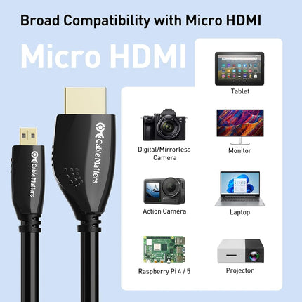 Cable Matters High-Speed 4K@60Hz Micro HDMI to HDMI Cable - 6ft, Ideal for Tablet, Notebook, Camera, Raspberry Pi 4 and Raspberry Pi 5
