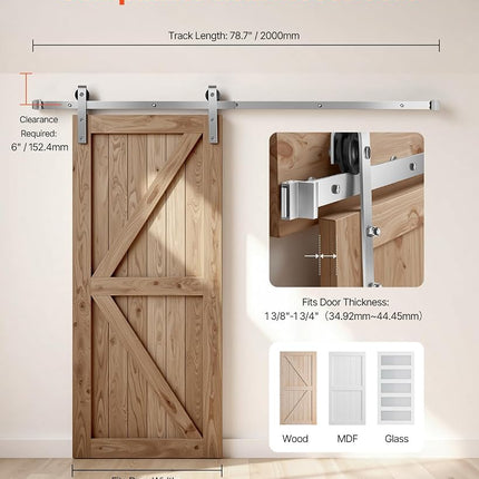 VEVOR 6.6FT Sliding Barn Door Hardware Kit, 330 LBS Weight Capacity, Compatible with 36 to 40 Inches Width & 1-3/8 to 1-3/4 Inches Thickness Single Sliding Barn Door, Durable Track & J-Shape Roller