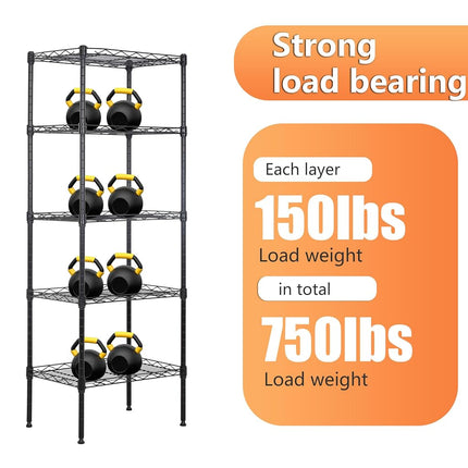 BestOffice | 5-Tier Wire Storage Shelves | 17x12x48 | Black | with Adjustable Racks | Heavy-Duty Metal Shelf, Holds Upto 750 lbs | No-Tool Assembly | Ideal for Home & Garage Shelving