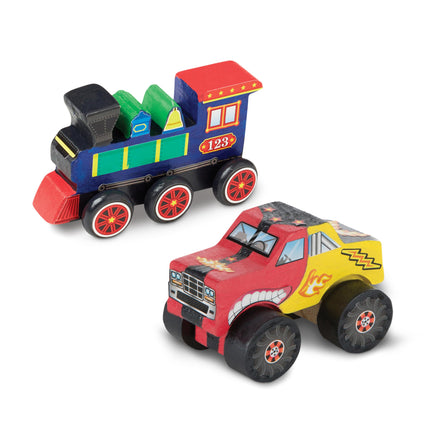 Melissa & Doug ¡Creado por mí! Kit de manualidades de madera para pintar y decorar tus propios vehículos para niños, paquete de 2: Camión monstruo, Tren