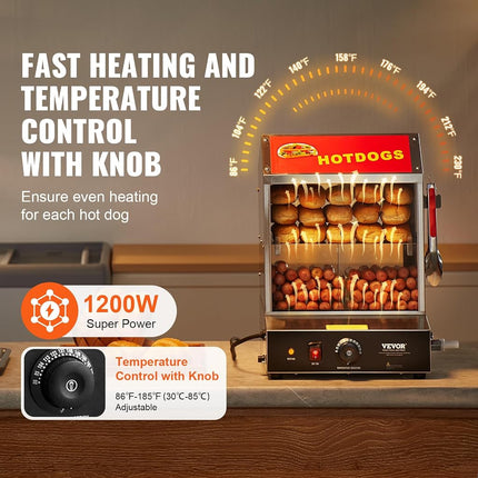 VEVOR Hot Dog Steamer, 28.5QT, 2-Tier Hot Dog Hut Steamer, 86℉~185℉ Temperature Control, Electric Bun Warmer with Tempered Glass Slide Doors Partition Plate Tong, Stainless Steel, for Hot Dogs & Buns