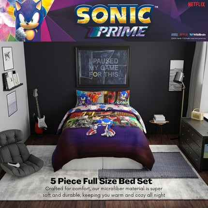 Juego de edredón y sábanas Franco, microfibra, Sonic Prime, 5 piezas, tamaño matrimonial