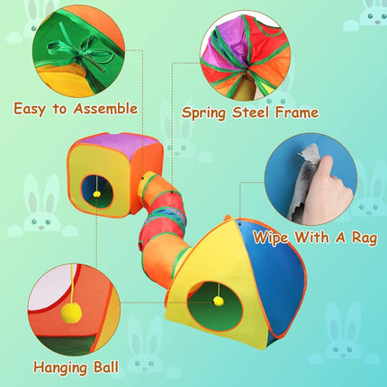 YUEPET Rabbit Tunnel and Cube Collapsible Tent Bunny Interactive Crinkle Tunnel Toys Small Animal Hideout with Play Ball for Dwarf Rabbit Bunny Guinea Pig