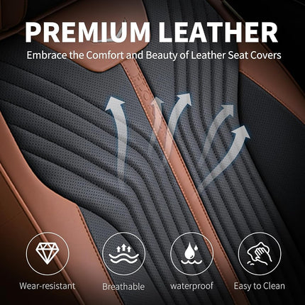 FLORICH Fundas de asiento, juego completo de fundas de asiento marrones, impermeables, cojín de asiento de cuero para automóvil, protector de asiento de automóvil, ajuste universal para la mayoría de automóviles, camiones, SUV, marrón y negro