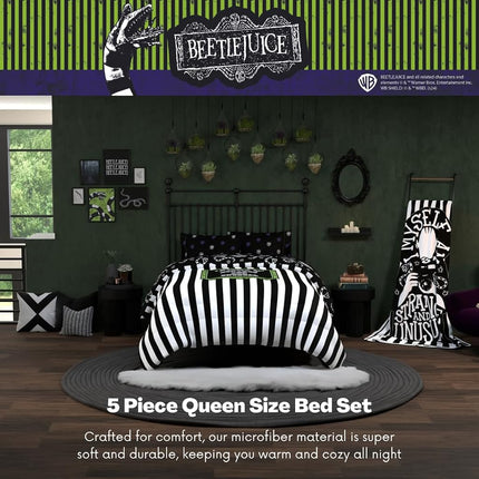 Franco Comforter and Sheet Set, Microfiber, Black & White-Beetlejuice, 5 Piece Queen Size
