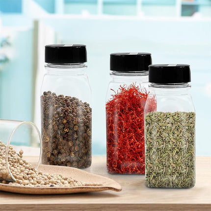 SALUSWARE - 6 PACK - 14 Oz with Black Cap - Plastic Spice Jars Bottles Containers – Perfect for Storing Spice, Herbs and Powders – Lined Cap - Safe Plastic – PET - BPA free - Made in the USA…