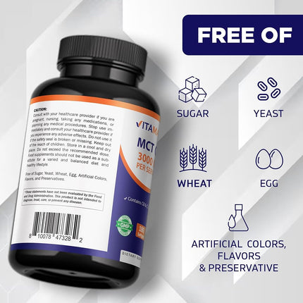 Vitamatic MCT Oil 3000 mg per Serving - 180 Softgels - From Coconut Oil - contains 55% caprylic acid C8 and 40% capric acid C10