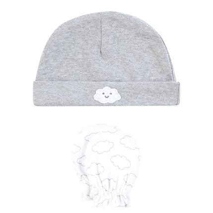 Hudson Baby Unisex Baby Cotton Cap and Scratch Mitten Set, Sunshine and Clouds, 0-6 Months