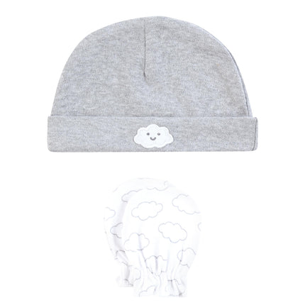 Hudson Baby Unisex Baby Cotton Cap and Scratch Mitten Set, Sunshine and Clouds, 0-6 Months
