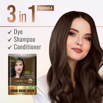 Herbishh Hair Color Shampoo for Grey Hair – Hair Dye Shampoo with Bio-Active Ingredients – Long Lasting Color – Travel-Friendly Pack (10 x 30ml Sachets) + 1 Pack Hair Mask Sachets (Dark Brown)