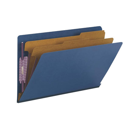 Smead 100% Recycled End Tab Pressboard Classification File Folder with SafeSHIELD Fasteners, 2 Dividers, 2" Expansion, Legal Size, Dark Blue, 10 per Box (29784)