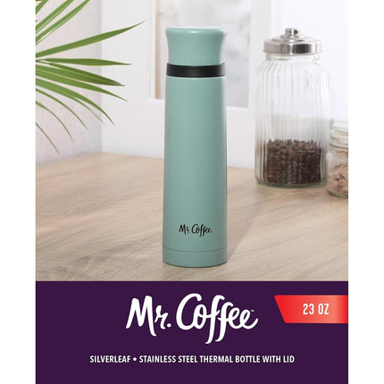 Mr. Coffee Silverleaf 23 oz Stainless Steel Thermal Bottle – Double Wall Vacuum Insulated Travel Mug with Leak-Proof Lid, Teal – Hot & Cold Beverage Flask for Work, Commute, or Camping