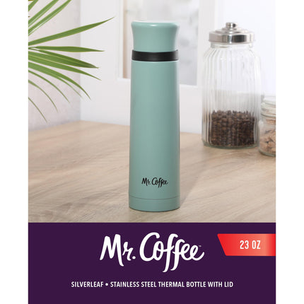 Mr. Coffee Silverleaf 23 oz Stainless Steel Thermal Bottle – Double Wall Vacuum Insulated Travel Mug with Leak-Proof Lid, Teal – Hot & Cold Beverage Flask for Work, Commute, or Camping