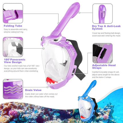 Equipo de snorkel para niños, máscara de snorkel de cara completa, set de snorkel para niños con diseño plegable antivaho y antifugas para aventuras submarinas seguras, paquete de 2