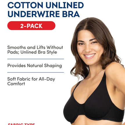 Fruit of The Loom Women's Unlined Underwire Bra-Cotton & Spandex Blend for Natural Shape and Flexibility, Black Hue/Black Hue, 34DD