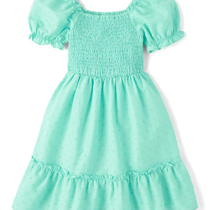 The Children's Place Girls' Short Sleeve Smocked Summer Dresses, Mint Tea, Large