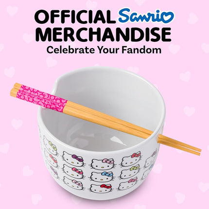 Silver Buffalo Hello Kitty Faces and Bows Ceramic Ramen Bowl with Chopsticks, 20 Ounces