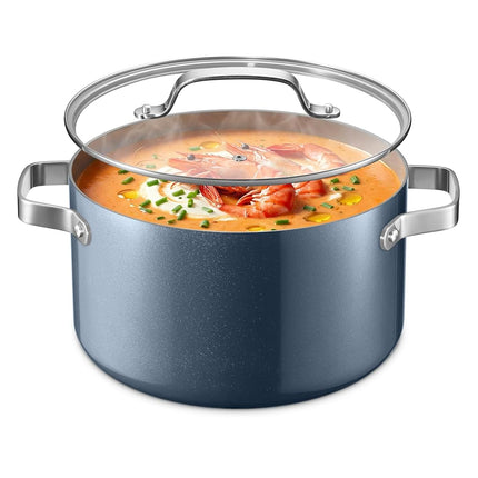 Blue 8.5 Quart Aluminum Stock Pot with Lid, Nonstick Ceramic Coated Boiling Pot, PTFE & PFAS Free, Oven Safe to 500�F, Riveted Stainless Steel Handles, Tempered Glass Lid, All Stove Compatible