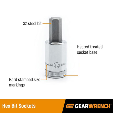 GEARWRENCH 1/2" Drive Hex Bit Socket, 12mm - 80661