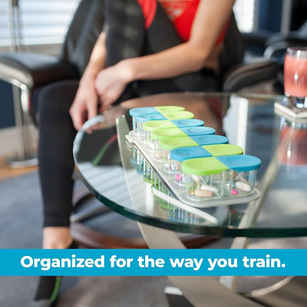 Sagely Smart Xl Weekly Pill Organizer - Sleek Am/Pm Twice A Day Pill Box With Free Smartphone Reminder App And 7 Day Travel Containers (Large Enough To Fit Fish Oil And Vitamin D) (Blue/Green)