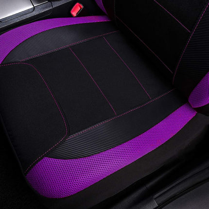 Flying Banner car seat Covers Quality Carbon Fiber Air Mesh Fabric Sport Low High Back Bucket Back Pocket Arm Rest (2 Fronts - Low Bucket, Purple)
