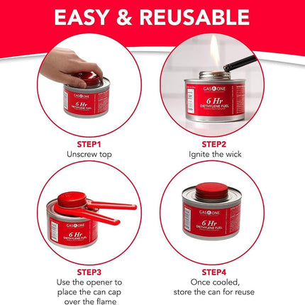 Gas One 3 Pack 6 Hour Chafing Fuel - Food Warmer for Chafing Dish Buffet Set - Reusable Liquid Safe Fuel with Wick & Lid Opener