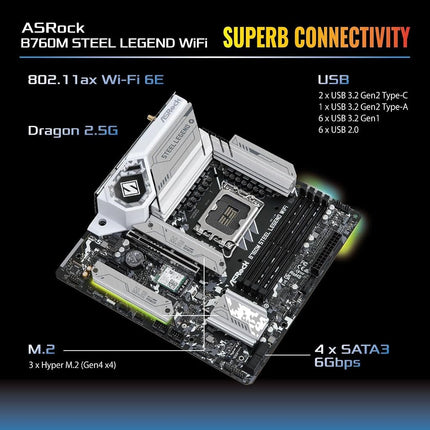 Asrock B760M STEEL LEGEND WIFI, Intel B760, 1700, Micro ATX, 4 DDR5, HDMI, DP, eDP, Wi-Fi 6E, 2.5G LAN, PCIe5, 3x M.2, RGB