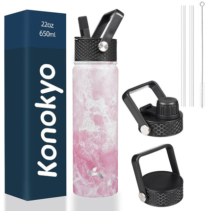 Konokyo Insulated Water Bottle with Straw,22oz 3 Lids Metal Bottles Stainless Steel Water Flask,Marble Blossom
