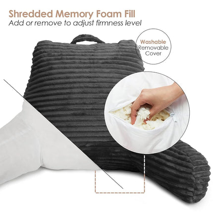 Clara Clark Cut Plush Striped Reading Pillow for Kids & Teens, Back Support Pillow, Shredded Memory Foam Bed Rest Pillow with Arms, Medium, Dark Grey