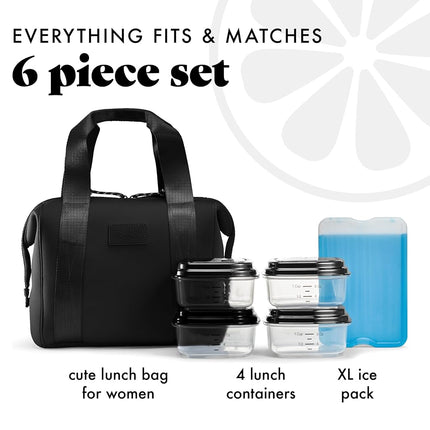Sac à lunch en néoprène Fit & Fresh pour femme, sac à lunch isotherme pour femme pour le travail, grande boîte à lunch pour femme résistante aux déchirures et aux taches avec contenants et glaçon, sac à lunch Remi lavable en machine, noir