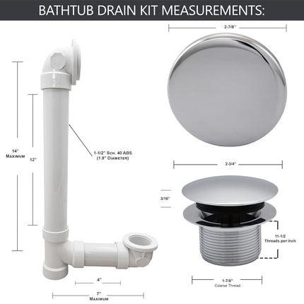 Westbrass 493244H-12-26 12" & 4" Bath Waste & Overflow Assembly with Tip-Toe Drain Plug and Illusionary Faceplate-SCH. 40 PVC Pipe, Polished Chrome