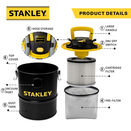 Aspiradora de cenizas Stanley, depósito de cenizas portátil de 4 galones de capacidad, potente motor de 4 HP de pico, ideal para estufas de pellets, parrillas de barbacoa, estufas de leña, chimeneas, fogatas, SL-18184
