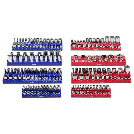 VEVOR Magnetic Socket Organizer Set, 8PCS Socket Holder, 1/4'', 3/8'' & 1/2'' Metric SAE Socket Trays with Clear Labels, Hold up to 199PCS Standard & Deep Sockets, Blaue & Red (Sockets Not Included)